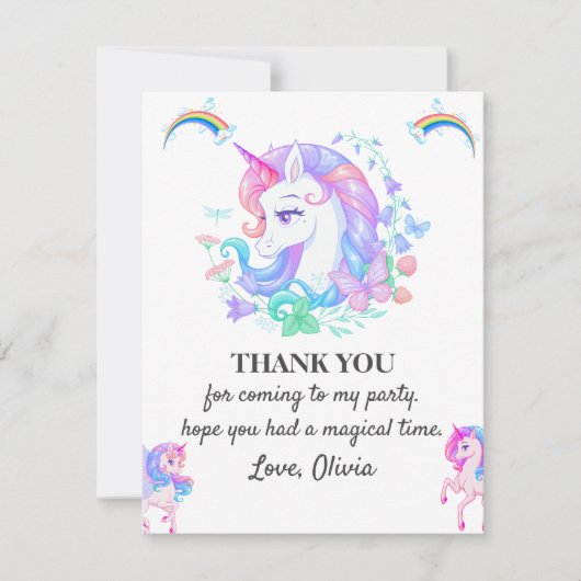 Bewerkbare Unicorn Verjaardagsfeest Dank u kaart (Voorkant)