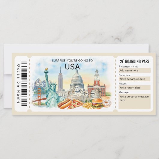 Bewerkbare USA Trip instapkaart ticket Kaart (Voorkant)