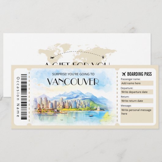 Bewerkbare Vancouver Canada Plane Boarding Pass Kaart (Voorkant / Achterkant)