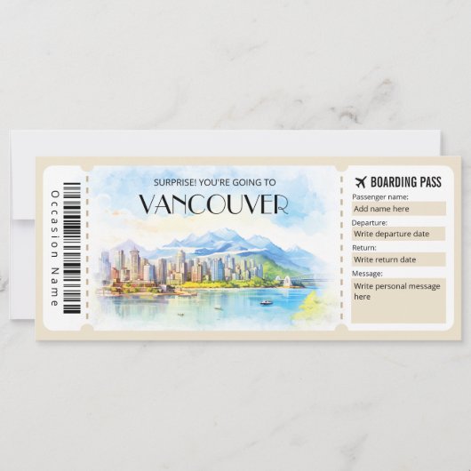 Bewerkbare Vancouver Canada Plane Boarding Pass Kaart (Voorkant)