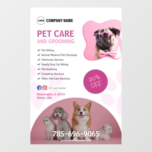 Bewerkbare vensterklemming voor dierenzorgservices raamsticker (Vel)