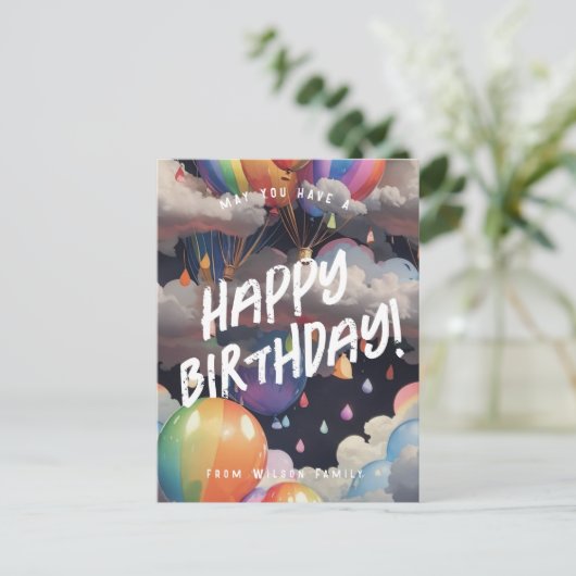 Bewerkbare verjaardag regenboog ballons groet briefkaart (Staand voorkant)