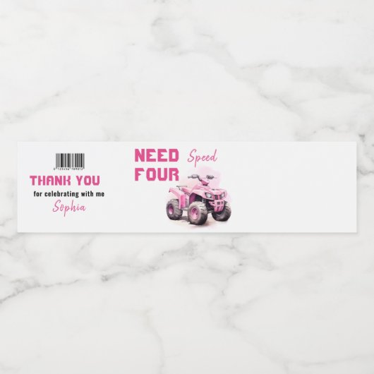 Bewerkbare verjaardag roze ATV fiets Waterfles Etiket (Enkel label)