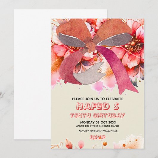 Bewerkbare Verjaardag Tiende Coquette Roze Bow Bir Kaart (Voorkant / Achterkant)