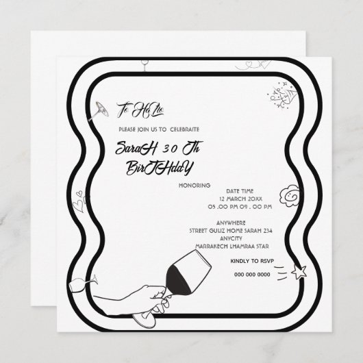 Bewerkbare verjaardagsfeestje Invi Hand getrokken Kaart (Voorkant / Achterkant)