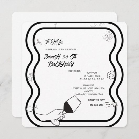 Bewerkbare verjaardagsfeestje Invi Hand getrokken Save The Date (Voorkant / Achterkant)