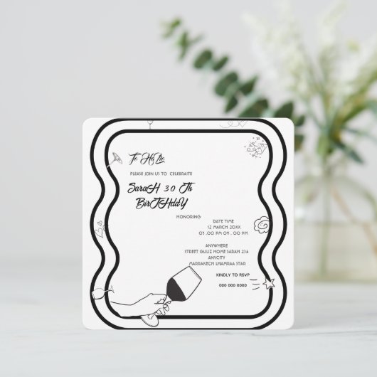 Bewerkbare verjaardagsfeestje Invi Hand getrokken  Save The Date (Staand voorkant)