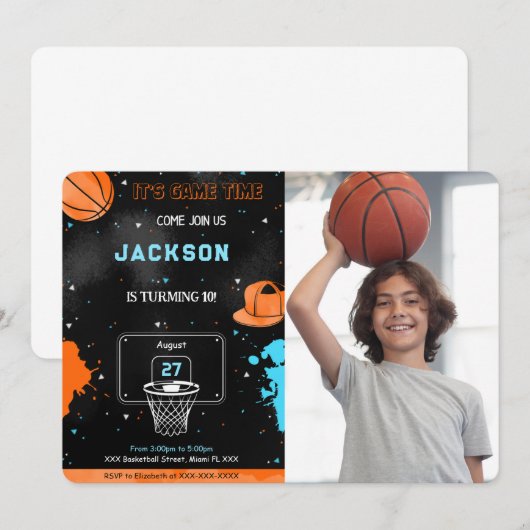 Bewerkbare verjaardagsfoto uitnodiging basketbal (Voorkant / Achterkant)