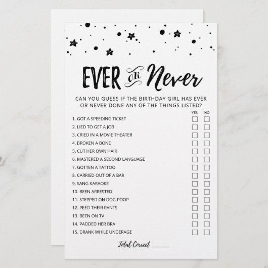 bewerkbare verjaardagsgame ooit of nooit (Voorkant / Achterkant)