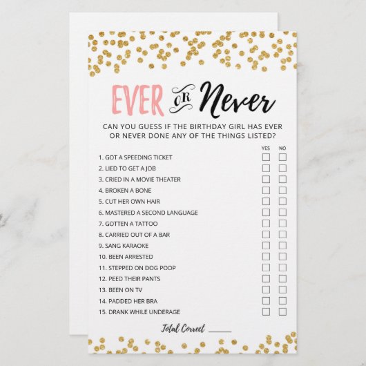 bewerkbare verjaardagsgame ooit of nooit (Voorkant / Achterkant)