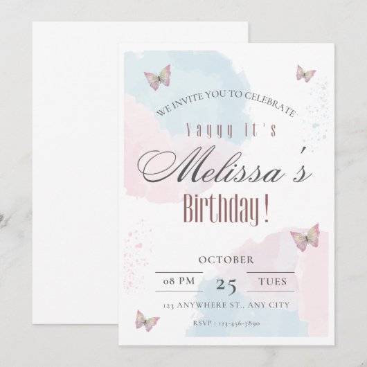 Bewerkbare verjaardagsuitnodiging, Kaart (Voorkant / Achterkant)