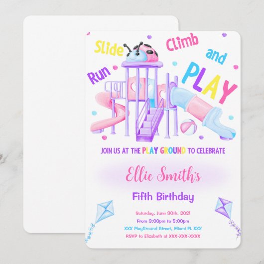 Bewerkbare verjaardagsuitnodiging speelplaats kaart (Voorkant / Achterkant)