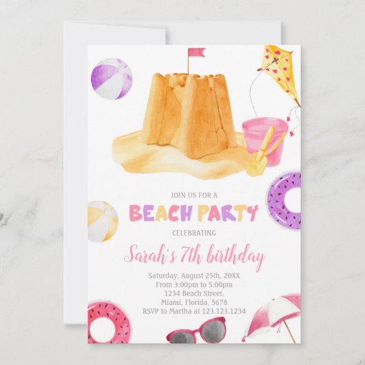Bewerkbare verjaardagsuitnodiging voor het strand kaart (Voorkant)