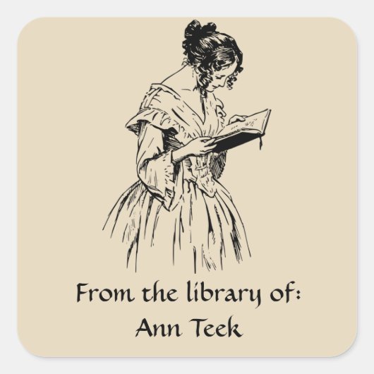 Bewerkbare Victoriaans Lady Reading Bookplate Vierkante Sticker (Voorkant)