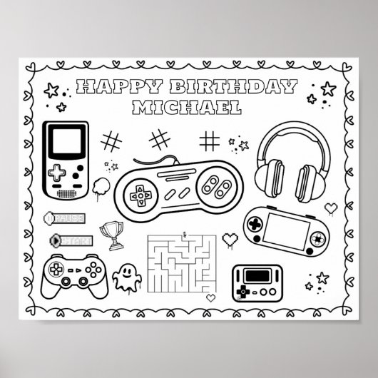 Bewerkbare videogame verjaardags kleurmat poster (Voorkant)