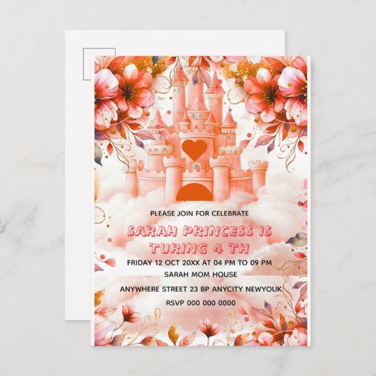 Bewerkbare Vier ooit een Princess 4th Birthday Inv Aankondigingskaart (Voorkant / Achterkant)