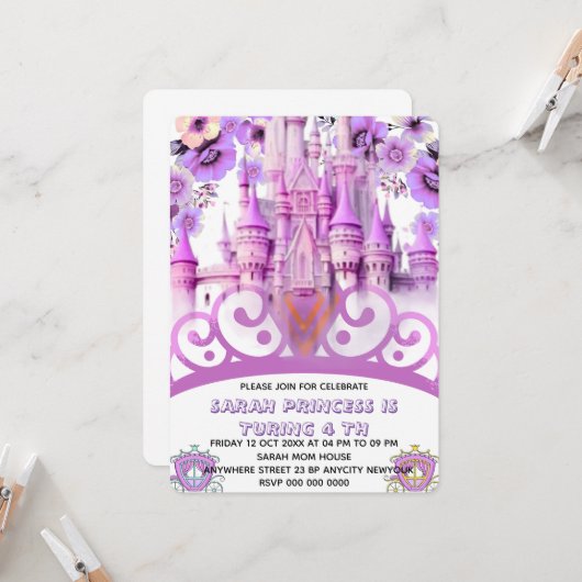 Bewerkbare Vier ooit een Princess 4th Birthday Inv Kaart (Voorkant / Achterkant in situ)