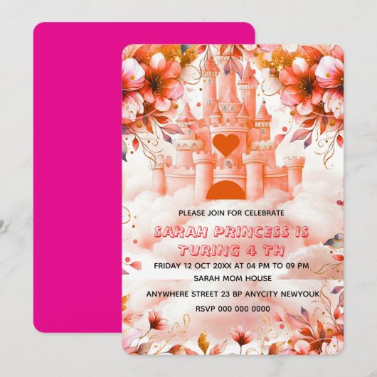 Bewerkbare Vier ooit een Princess 4th Birthday Inv Kaart (Voorkant / Achterkant)