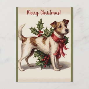 Bewerkbare Vintage Hond Met Hulst en Strik Kerstmi Briefkaart