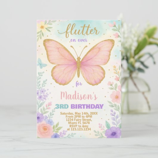 Bewerkbare vlinder verjaardagsuitnodiging kaart (Staand voorkant)