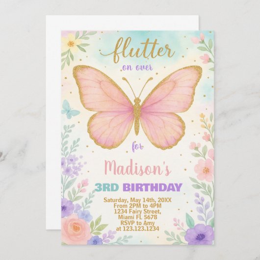 Bewerkbare vlinder verjaardagsuitnodiging kaart (Voorkant / Achterkant)