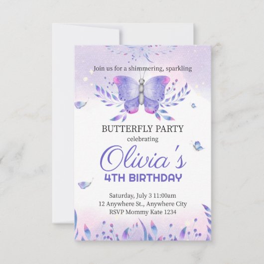Bewerkbare vlinder verjaardagsuitnodiging, vlinder kaart (Voorkant)