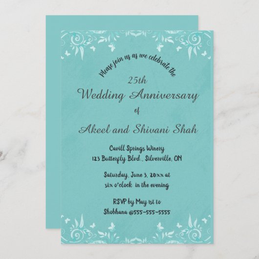 Bewerkbare vlinders en wervelingen op turquoise bl kaart (Voorkant / Achterkant)