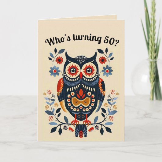 Bewerkbare Volkskunst Uil en Bloemen Kaart (Voorkant)