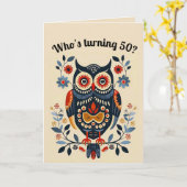 Bewerkbare Volkskunst Uil en Bloemen Kaart (Gele Bloem)