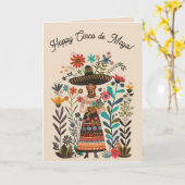 Bewerkbare Vrouw Met Pet en Bloemen Cinco de Mayo Kaart (Gele Bloem)