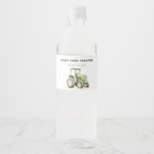 Bewerkbare Watergekleurde Groene Tractor Verjaarda Waterfles Etiket