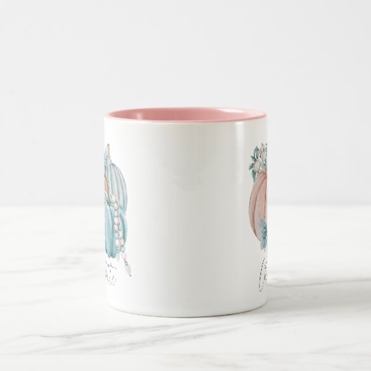 Bewerkbare Waterverf Blauw Roze Pompoennaam Autumn Tweekleurige Koffiemok (Center)