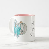 Bewerkbare Waterverf Blauw Roze Pompoennaam Autumn Tweekleurige Koffiemok (Voorkant links)