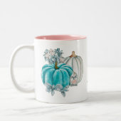 Bewerkbare Waterverf Blauw Roze Pompoennaam Autumn Tweekleurige Koffiemok (Links)