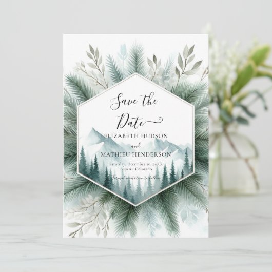 Bewerkbare Waterverf Mountain Wedding Save The Date (Staand voorkant)