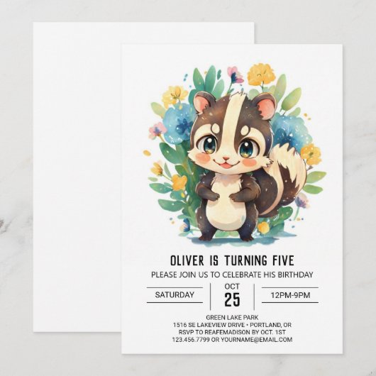 Bewerkbare Waterverf Skunk Boy Verjaardag Kaart (Voorkant / Achterkant)