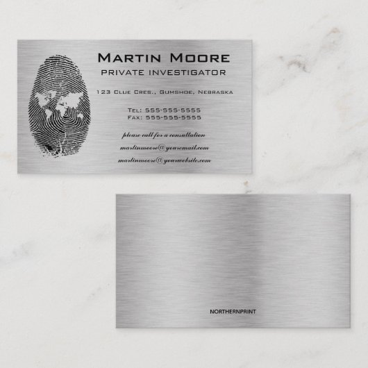 Bewerkbare wereld vingerafdruk privé detective visitekaartje (Voorkant / Achterkant)