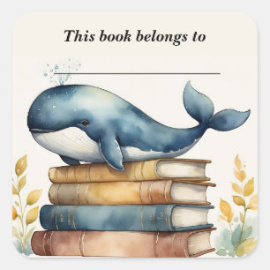 Bewerkbare Whale en Boeken Bookplate Sticker