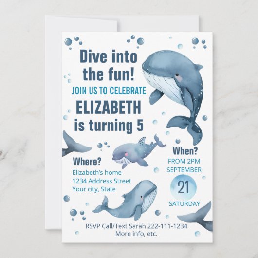 Bewerkbare Whale Verjaardag uitnodiging (Voorkant)