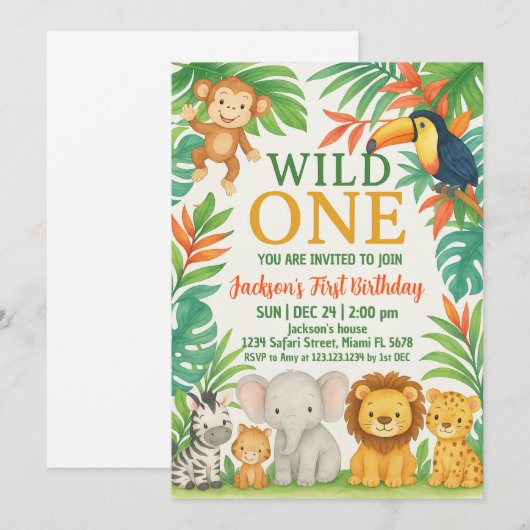 Bewerkbare Wild One Safari verjaardagsuitnodiging Kaart (Voorkant / Achterkant)