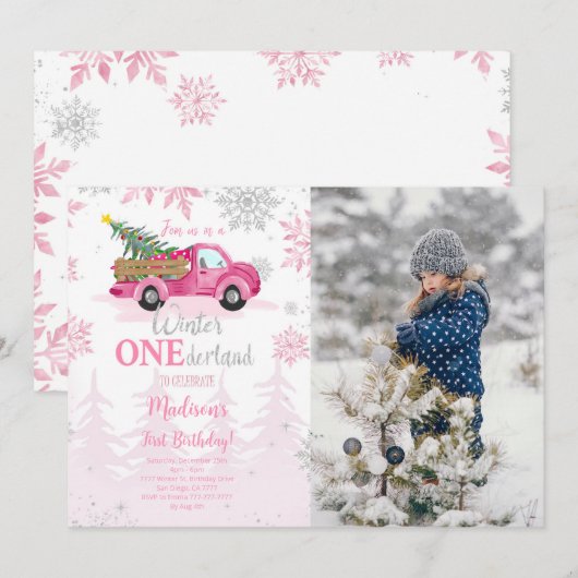 Bewerkbare Winter Wonderland foto uitnodiging (Voorkant / Achterkant)