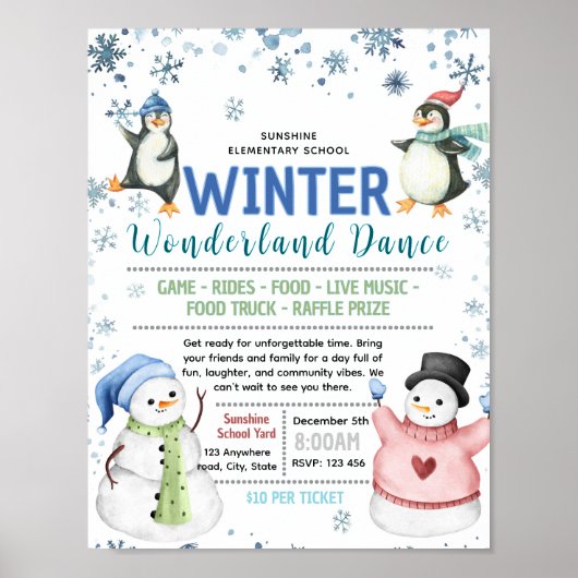 Bewerkbare winterdans-sneeuwman fundraiser flyer poster (Voorkant)