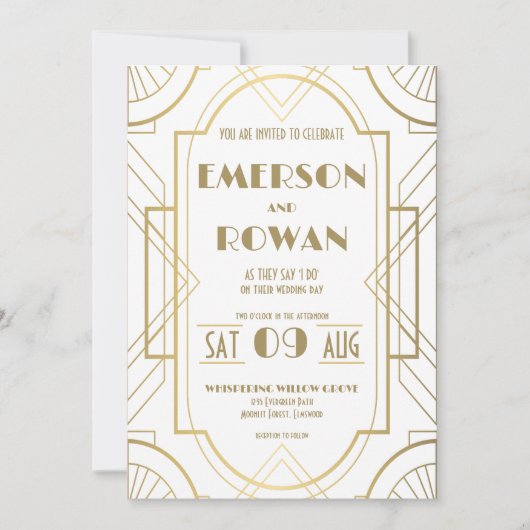 Bewerkbare witte en gouden Art Deco Gatsby Roaring Kaart (Voorkant)