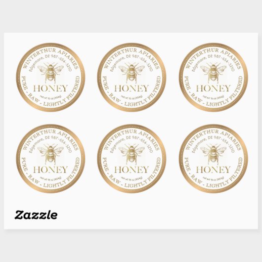 Bewerkbare witte honing label gouden rand en bij (Vel)