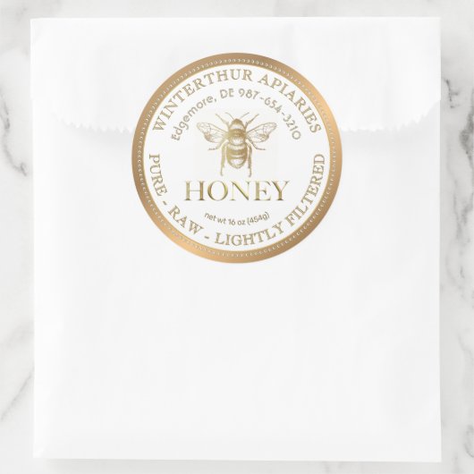 Bewerkbare witte honing label gouden rand en bij (Tas)