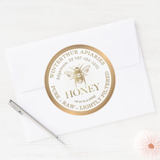 Bewerkbare witte honing label gouden rand en bij (Envelop)
