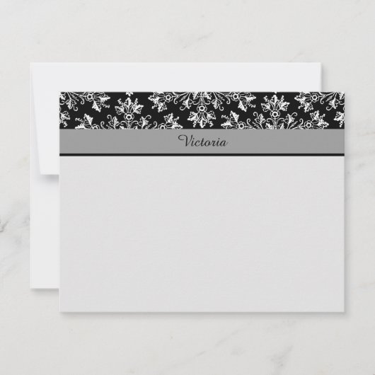 Bewerkbare Witte Zwarte Damask Bloemen 4.25x5.5 Notitiekaartje (Voorkant)