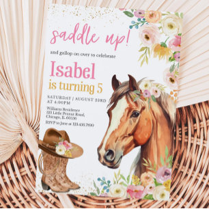Bewerkbare Zadel Up Pink Horse CowGirl Verjaardag  Kaart