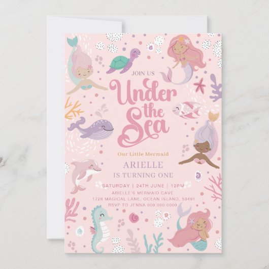 Bewerkbare zeemeermin 1e verjaardag uitnodiging (Voorkant)