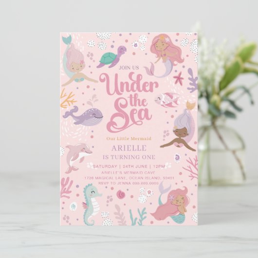 Bewerkbare zeemeermin 1e verjaardag uitnodiging (Staand voorkant)